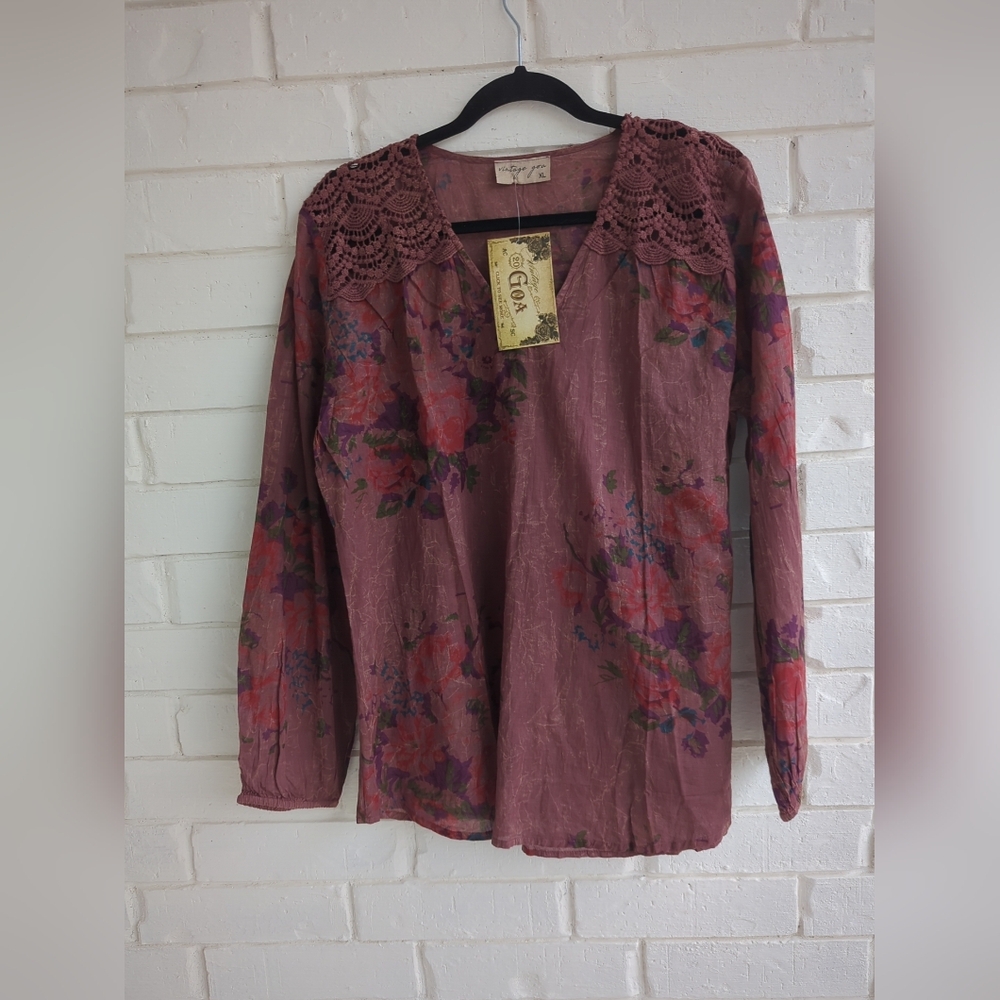 Vintage Goa Embroidered Floral Boho Peasant Top Blouse Wine 100% Cotton Xl